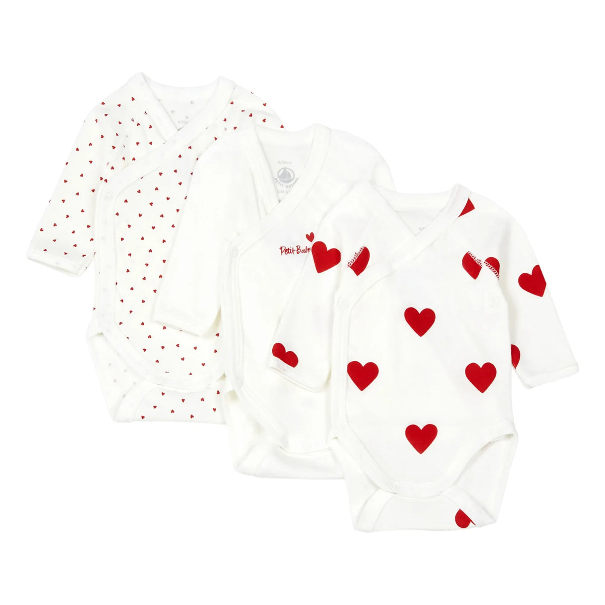 Petit Bateau - 3'lü Cœur क्रॉस स्ट्रैप ऑर्गेनिक कॉटन जंपसूट | लाल