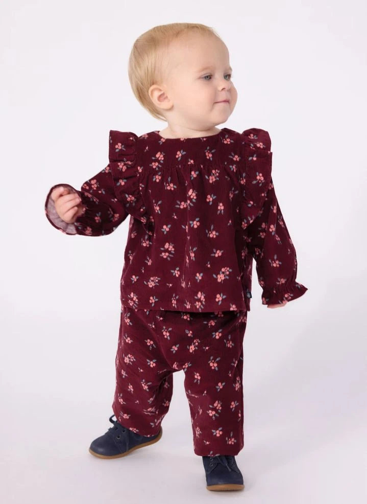 Petit Bateau - ऑर्गेनिक कॉटन वेलवेट फ्लोरल पैंट | बरगंडी