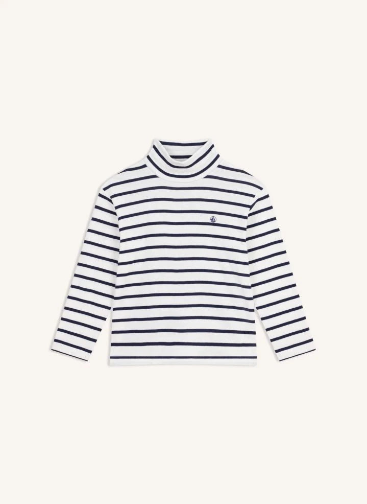 Petit Bateau - ऑर्गेनिक कॉटन धारीदार टर्टलनेक | सफेद
