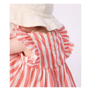 Petit Bateau - धारीदार सीरसकर ऑर्गेनिक कॉटन ड्रेस और ब्लूमर सेट | कोरल