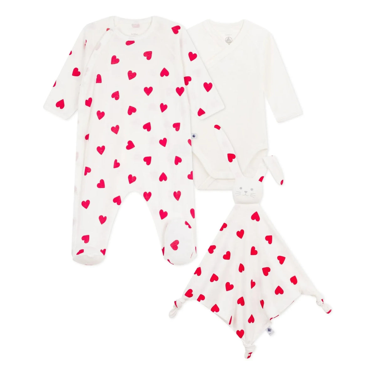 Petit Bateau - 3 Parçalı Pijama Tulum ve Sevimli Kalpler Hediye Seti | Beyaz