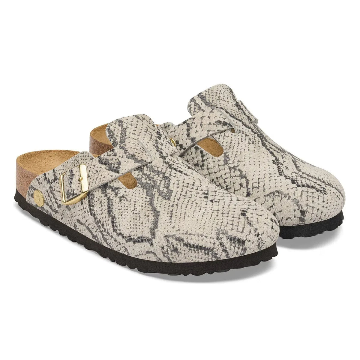 BIRKENSTOCK - Boston Rivet स्नेक स्किन क्लॉग | हल्का ग्रे