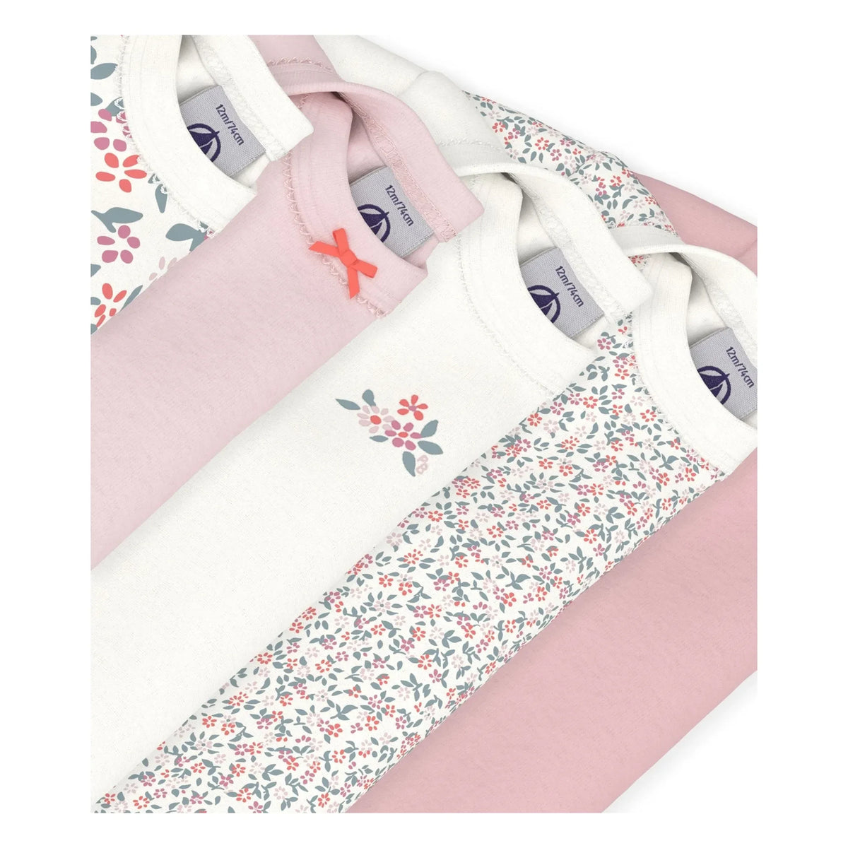 Petit Bateau - 5'li ऑर्गेनिक कॉटन फ्लोरल बॉडीसूट सेट | गुलाबी