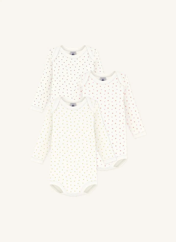 Petit Bateau - 3'lü Body Seti Little Hearts ऑर्गेनिक कॉटन | सफ़ेद