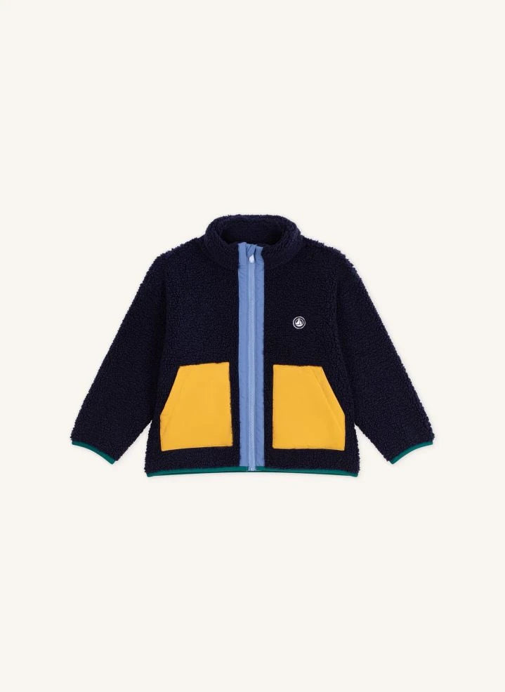 Petit Bateau - मिडनाइट ब्लू कलर ब्लॉक्ड शेरपा जैकेट
