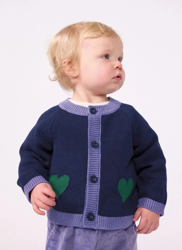Petit Bateau - मिडनाइट ब्लू बेबी वूल हार्ट कार्डिगन