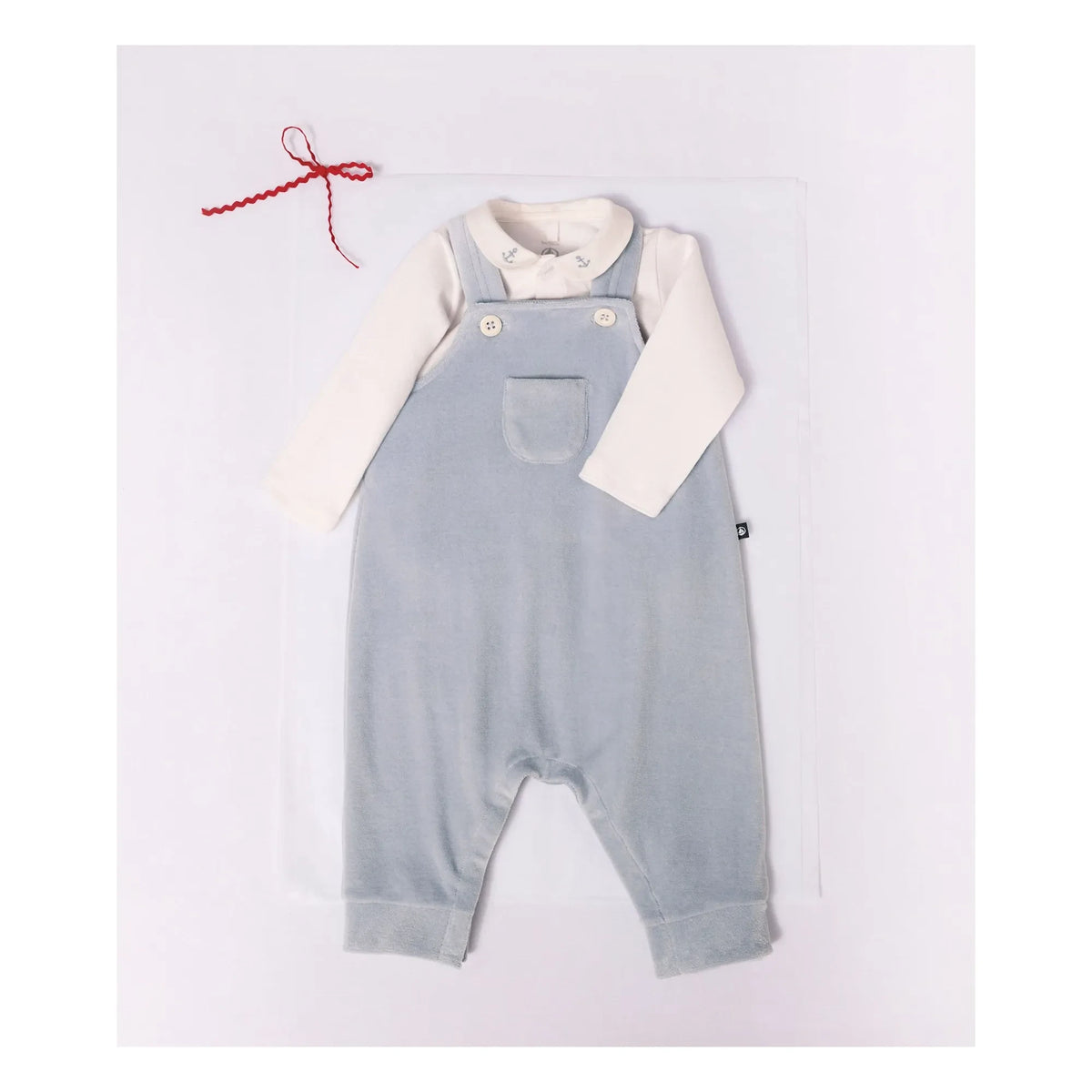 Petit Bateau - ऑर्गेनिक कॉटन वेलवेट डंगरी और बॉडीसूट सेट | ग्रे नीला