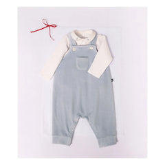 Petit Bateau - ऑर्गेनिक कॉटन वेलवेट डंगरी और बॉडीसूट सेट | ग्रे नीला