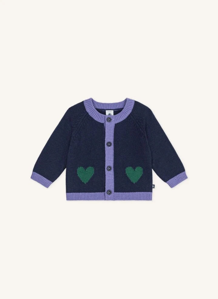 Petit Bateau - मिडनाइट ब्लू बेबी वूल हार्ट कार्डिगन