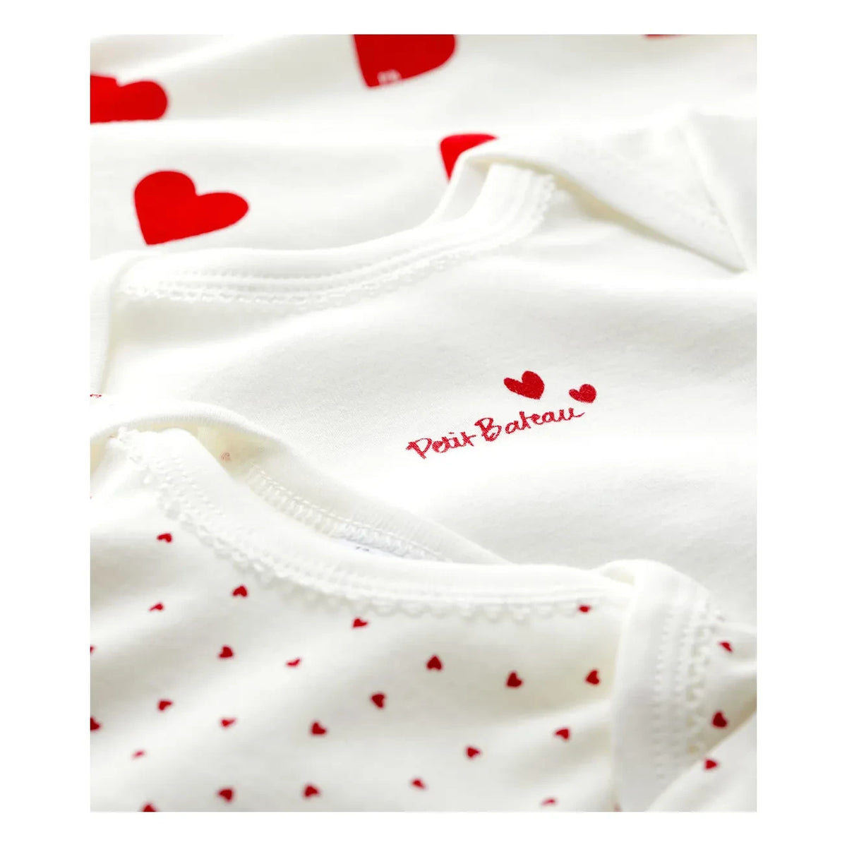 Petit Bateau - 3'lü Organik Pamuklu Kalp Desenli Tulum | Beyaz