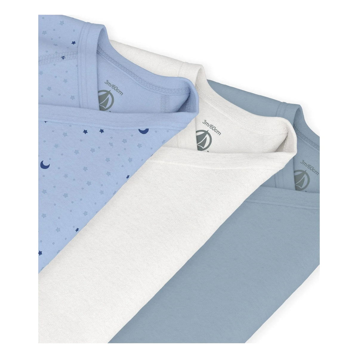 Petit Bateau - 3'lü Organik Pamuk Yıldız Desenli Body Seti | Mavi (पेटीट बेटो - 3 ऑर्गेनिक कॉटन स्टार पैटर्न बॉडी सूट सेट | नीला)