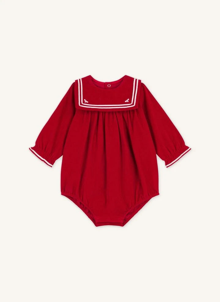 Petit Bateau - ऑर्गेनिक कॉटन वेलवेट जंपसूट | लाल