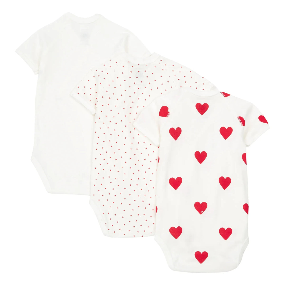 Petit Bateau - ऑर्गेनिक कॉटन हार्ट बेबी बॉडीसूट - 3 का सेट | लाल