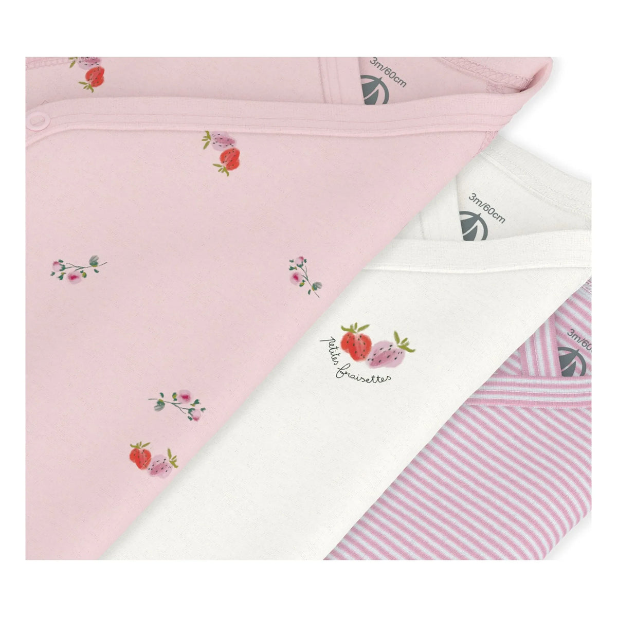 Petit Bateau - 3'lü ऑर्गेनिक कॉटन फ्लोरल बॉडी सूट सेट | गुलाबी
