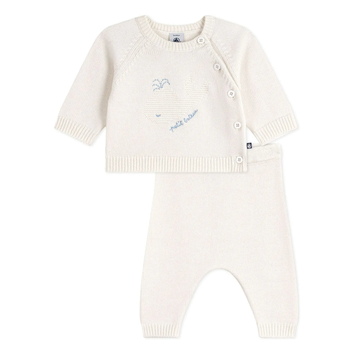 Petit Bateau - व्हेल ऊनी स्वेटर और पैंट सेट | सफ़ेद