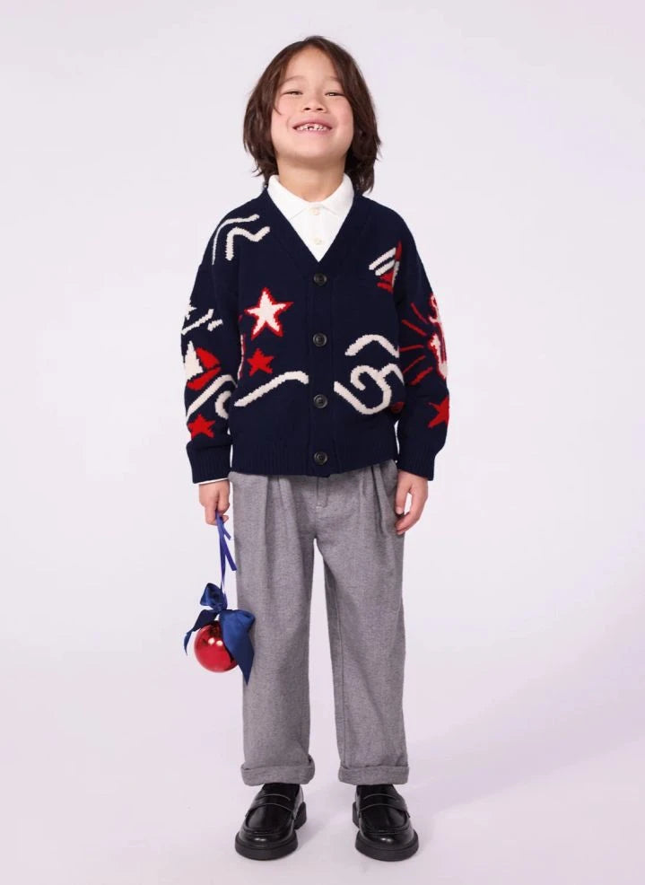Petit Bateau - नेवी ब्लू लूज़ फिट वी-नेक वूल कार्डिगन