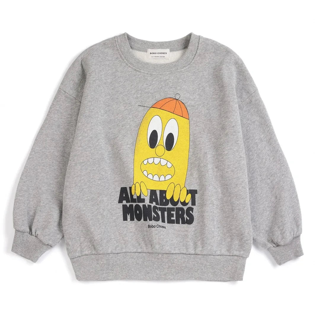 Bobo Choses - Sweat All About Monsters ऑर्गेनिक कॉटन | ग्रे मेलेंज