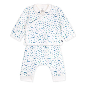 Petit Bateau - ऑर्गेनिक कॉटन फॉक्स बॉडी, कंबल और पैंट सेट | सफ़ेद