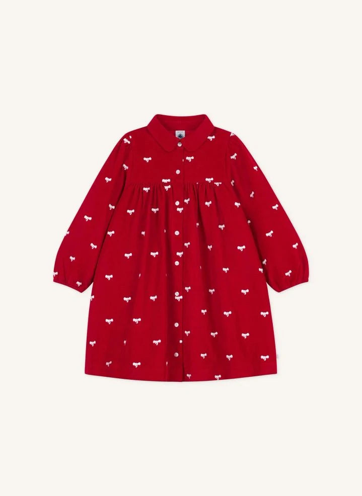 Petit Bateau - ऑर्गेनिक कॉटन वेलवेट नॉट ड्रेस | लाल
