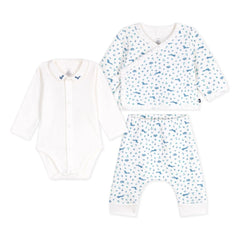 Petit Bateau - ऑर्गेनिक कॉटन फॉक्स बॉडी, कंबल और पैंट सेट | सफ़ेद