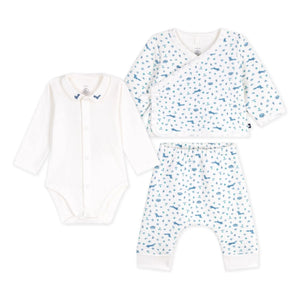 Petit Bateau - ऑर्गेनिक कॉटन फॉक्स बॉडी, कंबल और पैंट सेट | सफ़ेद