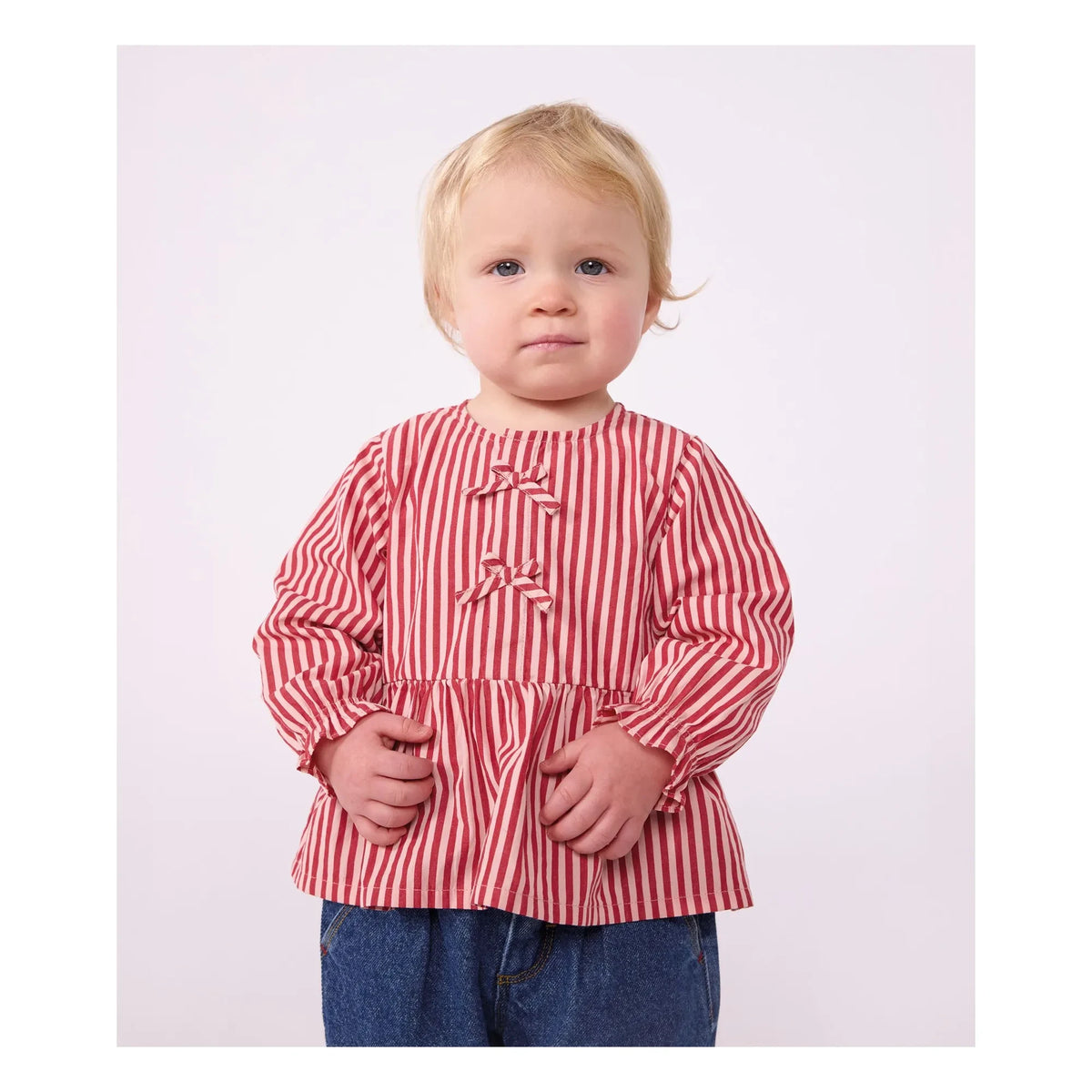 Petit Bateau - धारीदार ऑर्गेनिक कॉटन बेबी ब्लाउज़ | गुलाबी