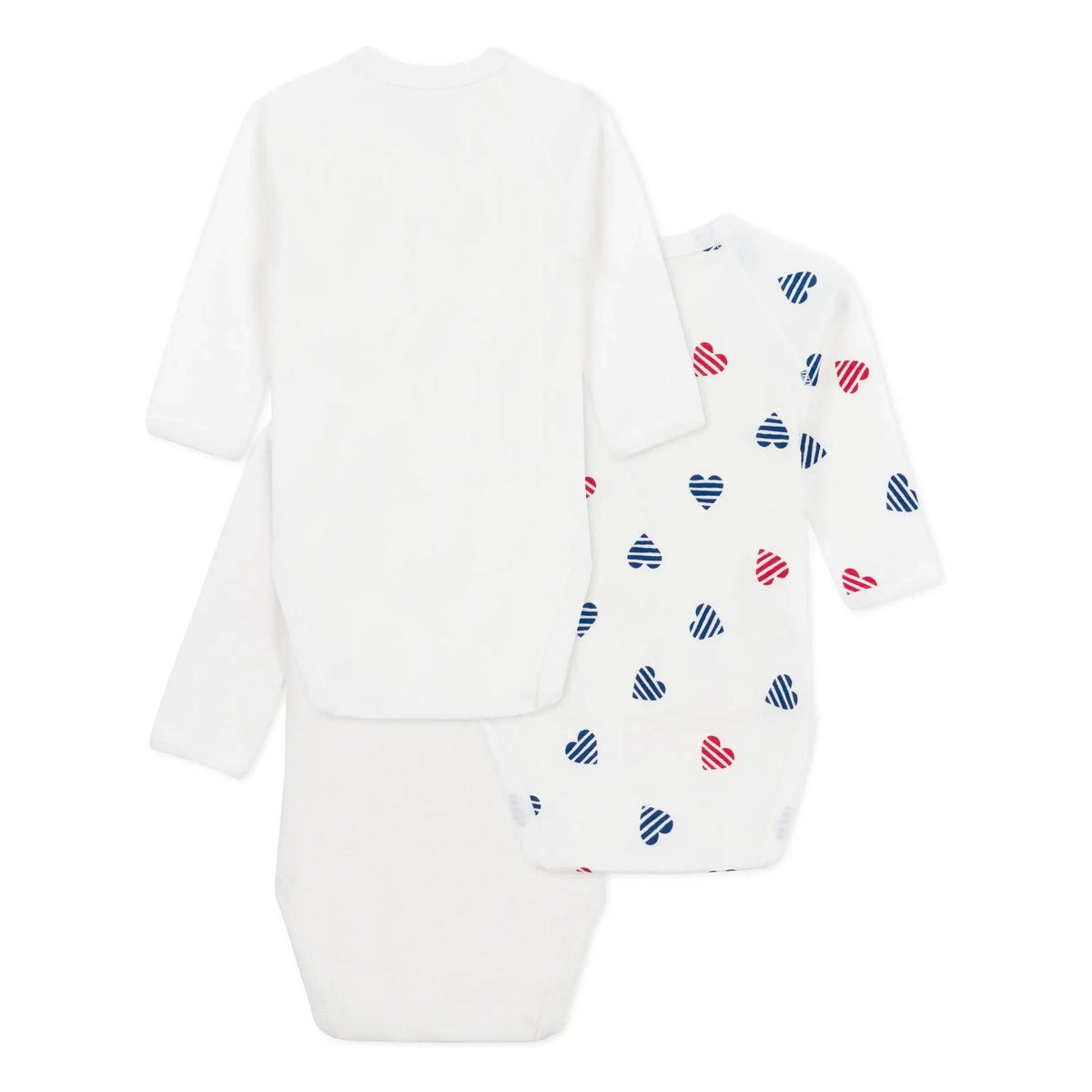 Petit Bateau - 3'lü Çizgili Kalp Organik Pamuk Bebek Body Seti | Ekru