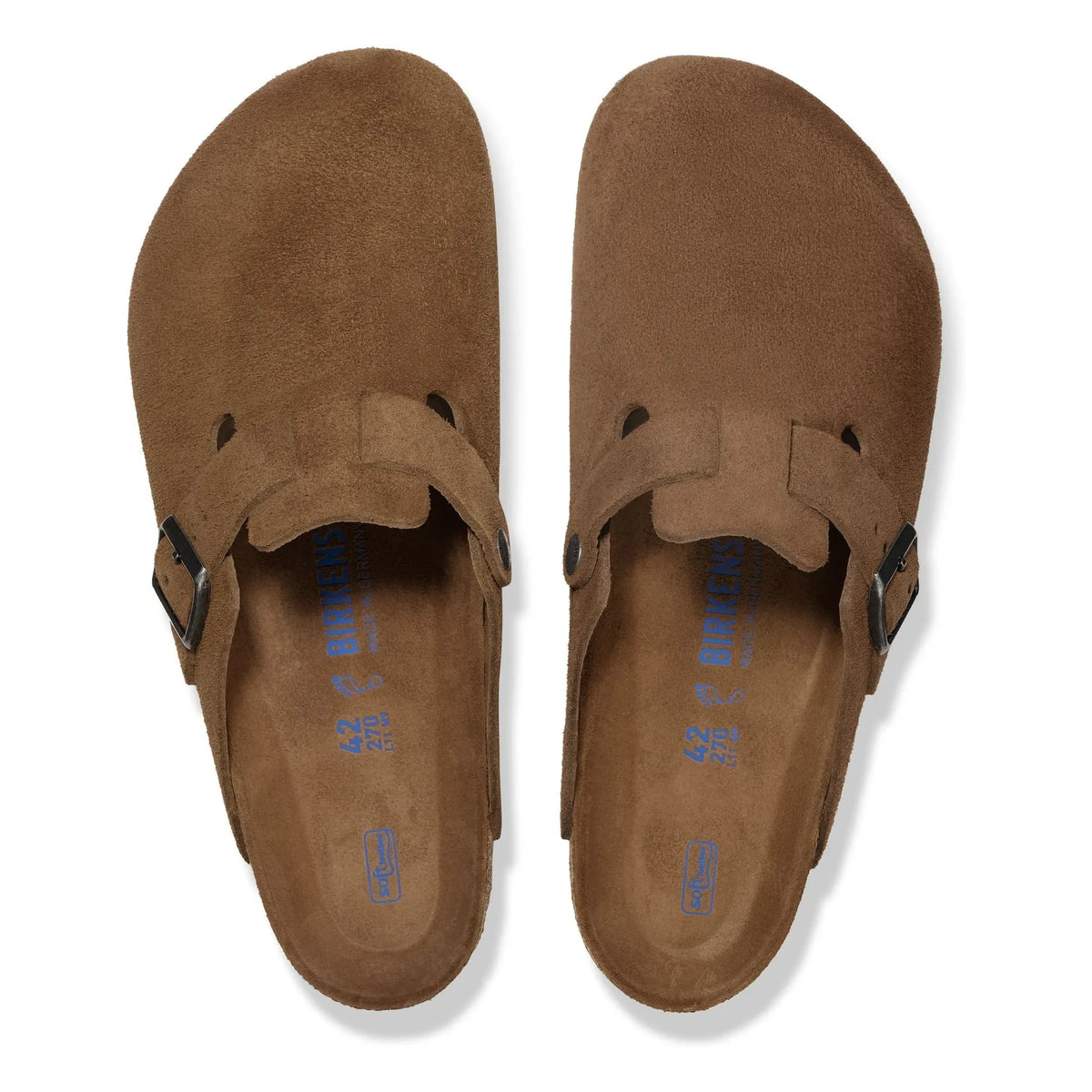 BIRKENSTOCK - Boston सॉफ्ट फुटबेड स्वेड क्लॉग्स | भूरा