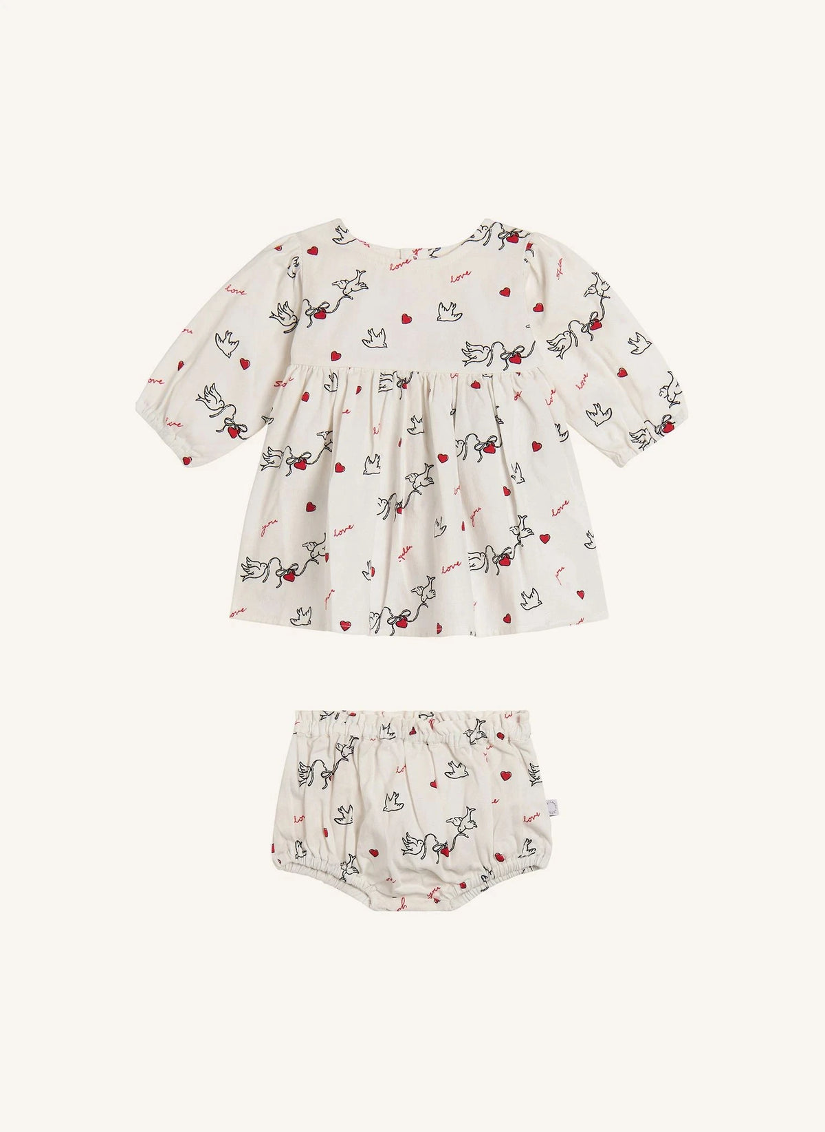 Stella McCartney Kids - बर्ड प्रिंट ड्रेस और ब्लूमर सेट | आइवरी