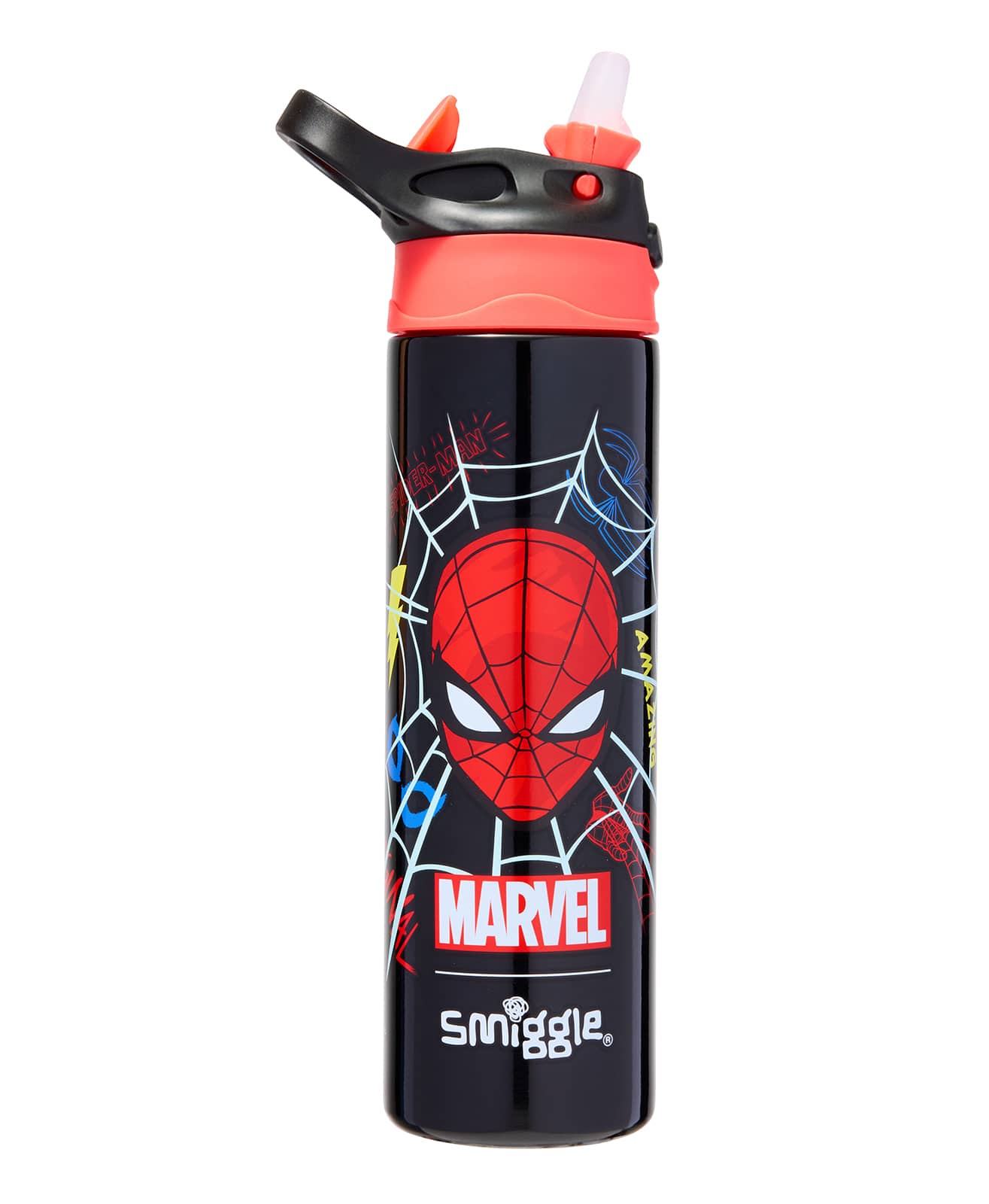 Smiggle - मार्वल स्पाइडरमैन BPA मुक्त ऑटोमैटिक पाइप वाला 650ML पानी की बोतल