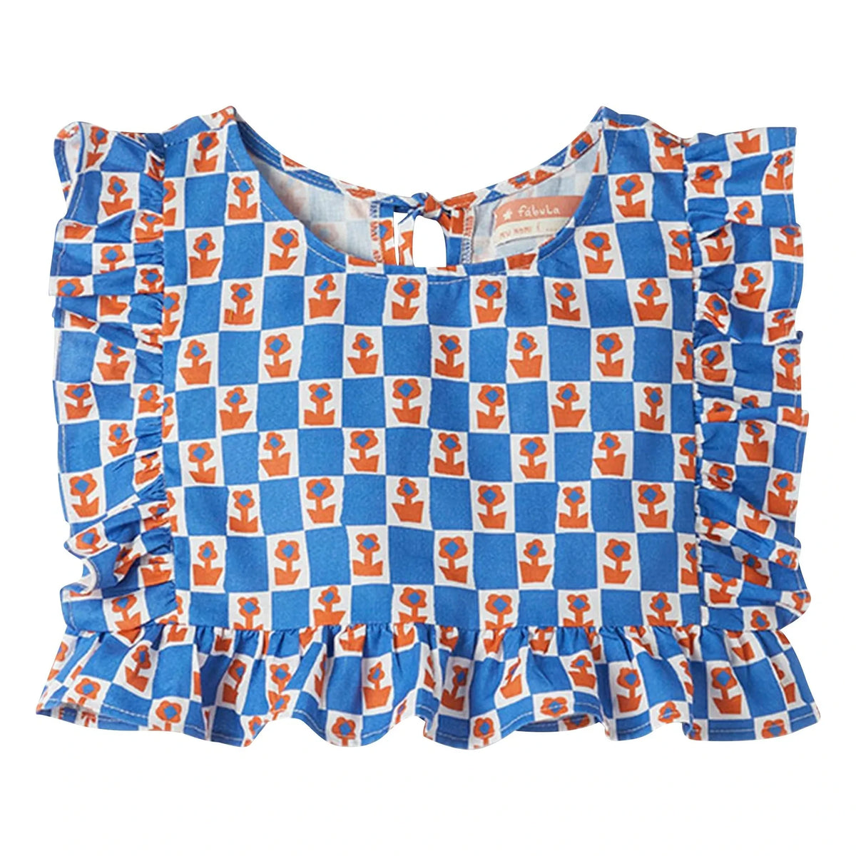 Fabula - Damier Flowers फ्रिल टॉप | नीला