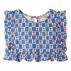 Fabula - Damier Flowers फ्रिल टॉप | नीला