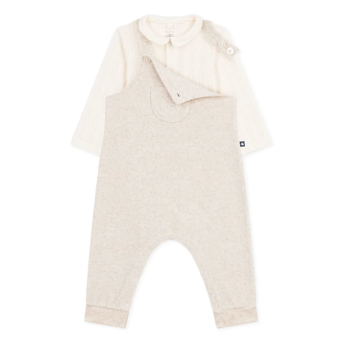 Petit Bateau - ऑर्गेनिक कॉटन वेलवेट बॉडी और सलोपैट सेट | बेज