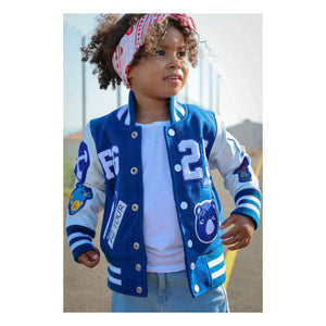 Fille Garçon - लेदर पैच वाला शानदार लेटरमैन बॉम्बर जैकेट | नीला