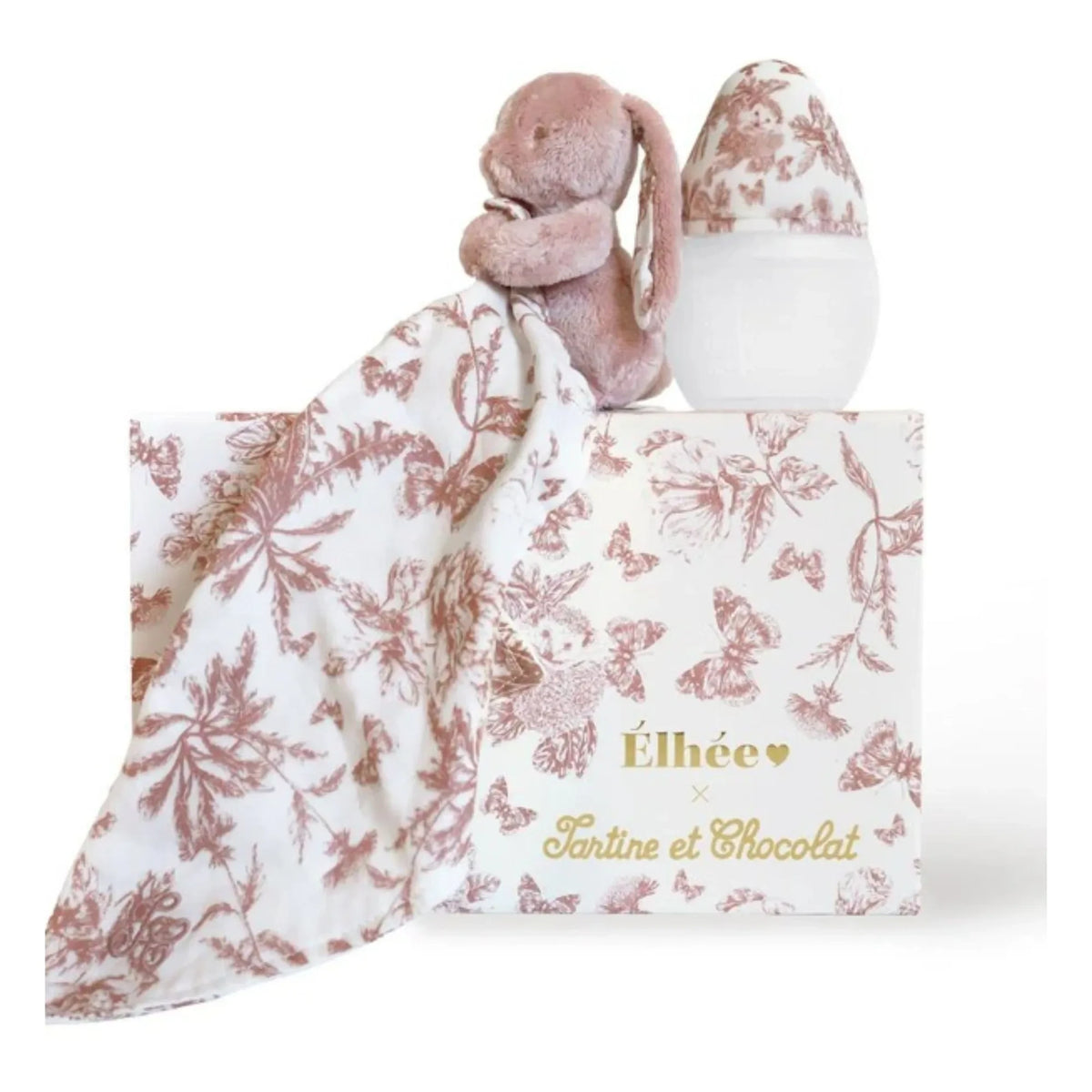 Elhée - Augustin le lapin Toile de Jouy मेडिकल सिलिकॉन बेबी बोतल और स्लीप बडी सेट - Elhée x Tartine et Chocolat | पीच