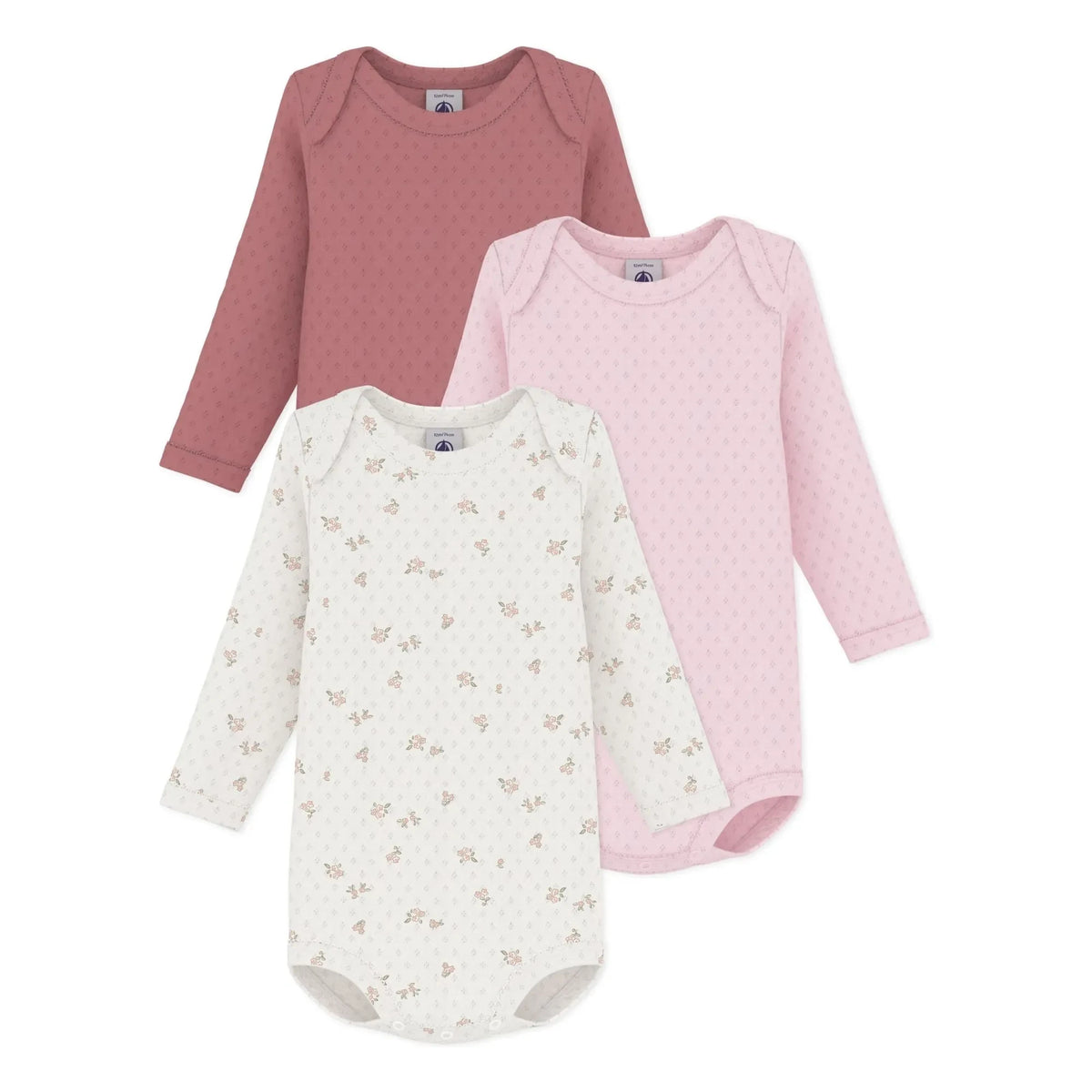 Petit Bateau - 3’lü Pointelle ऑर्गेनिक कॉटन बॉडीसूट सेट | गुलाबी