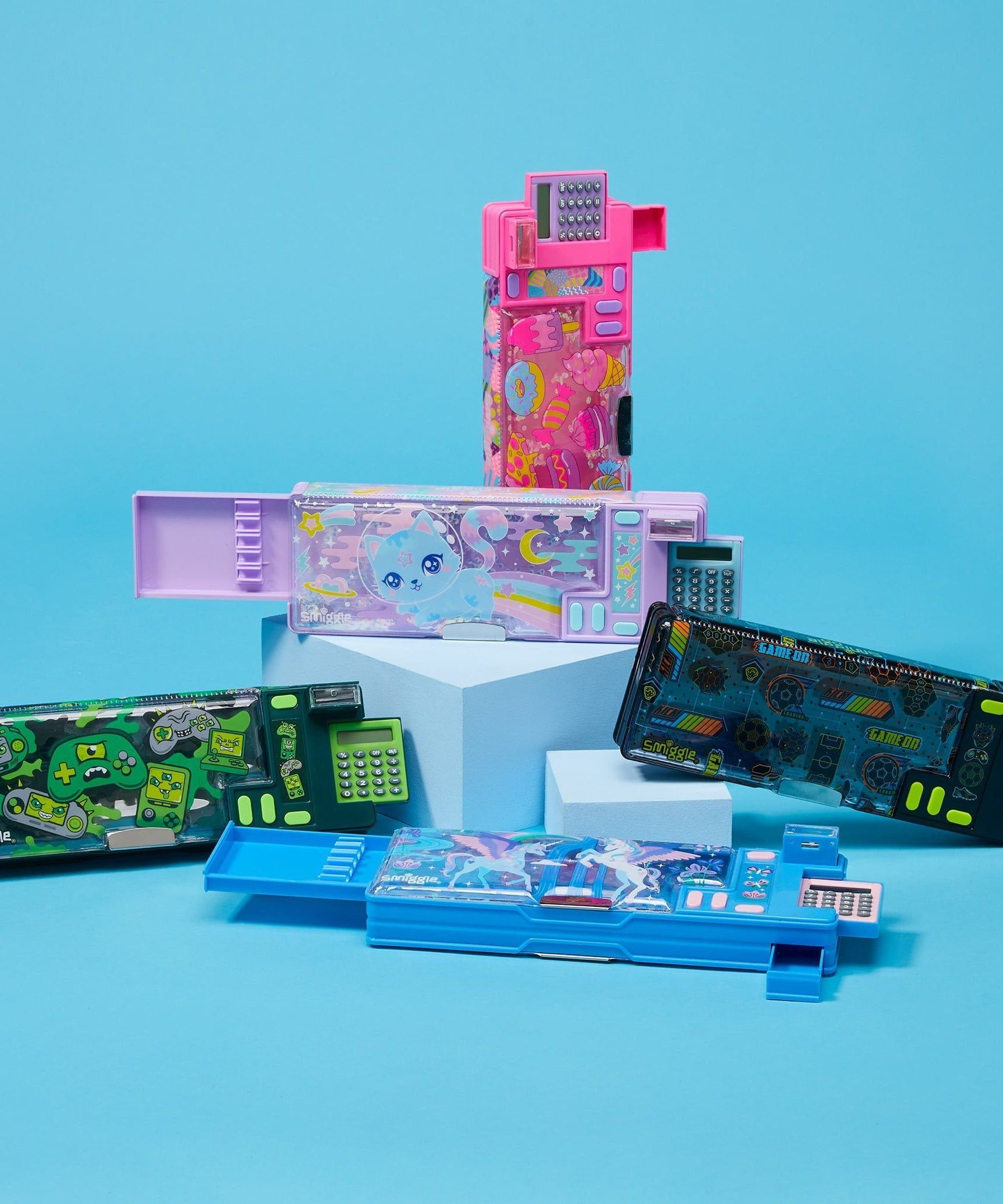 Smiggle - Hesap Makineli Pop Out Otomatik Kalem Kutusu ve Özel Kalem Seti-Dinossi