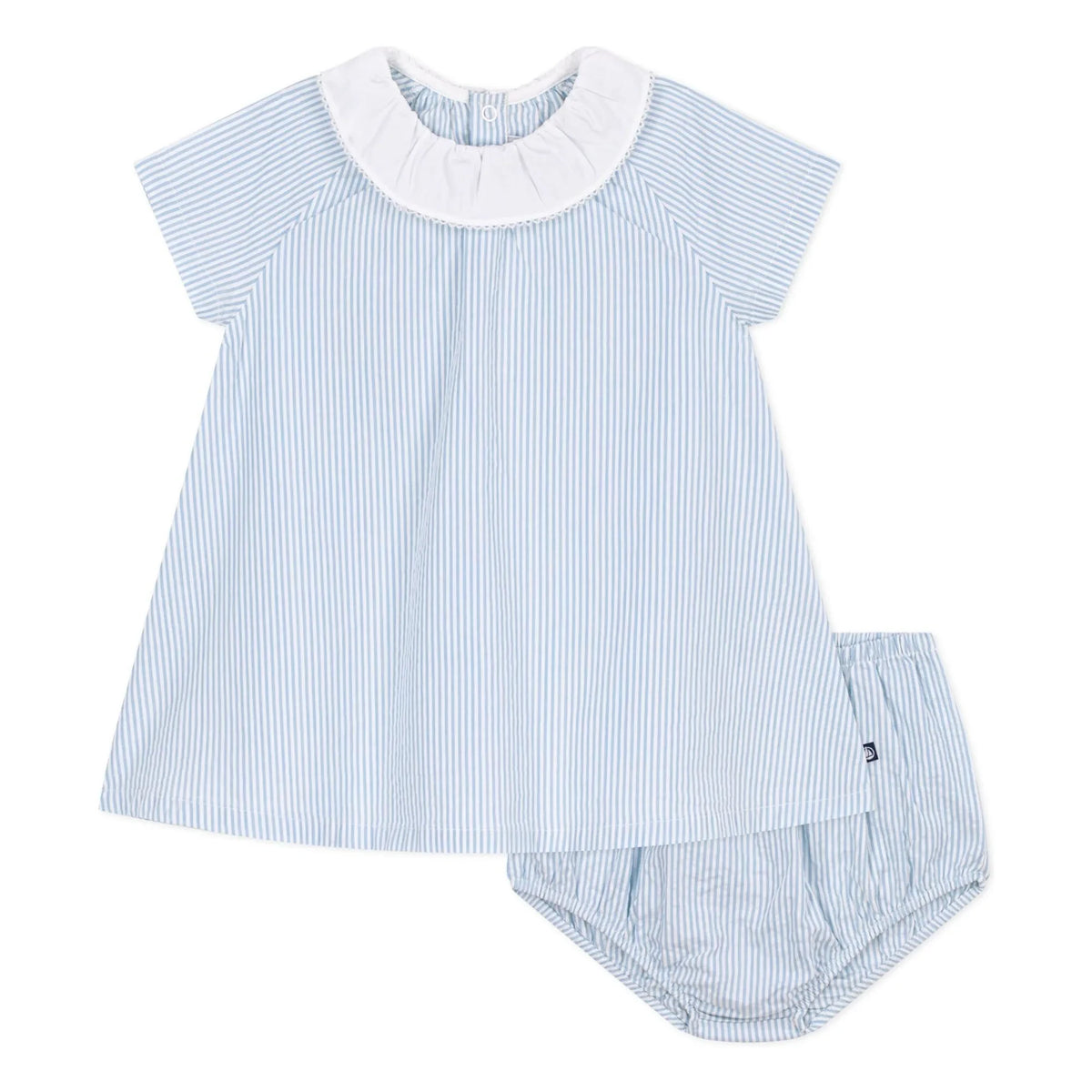 Petit Bateau - धारीदार सीरसकर ऑर्गेनिक कॉटन कॉलर और ब्लूमर ड्रेस सेट | नीला