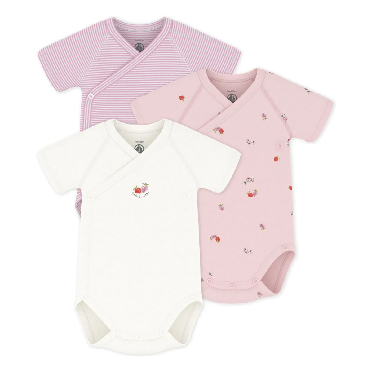 Petit Bateau - 3'lü ऑर्गेनिक कॉटन फ्लोरल बॉडी सूट सेट | गुलाबी