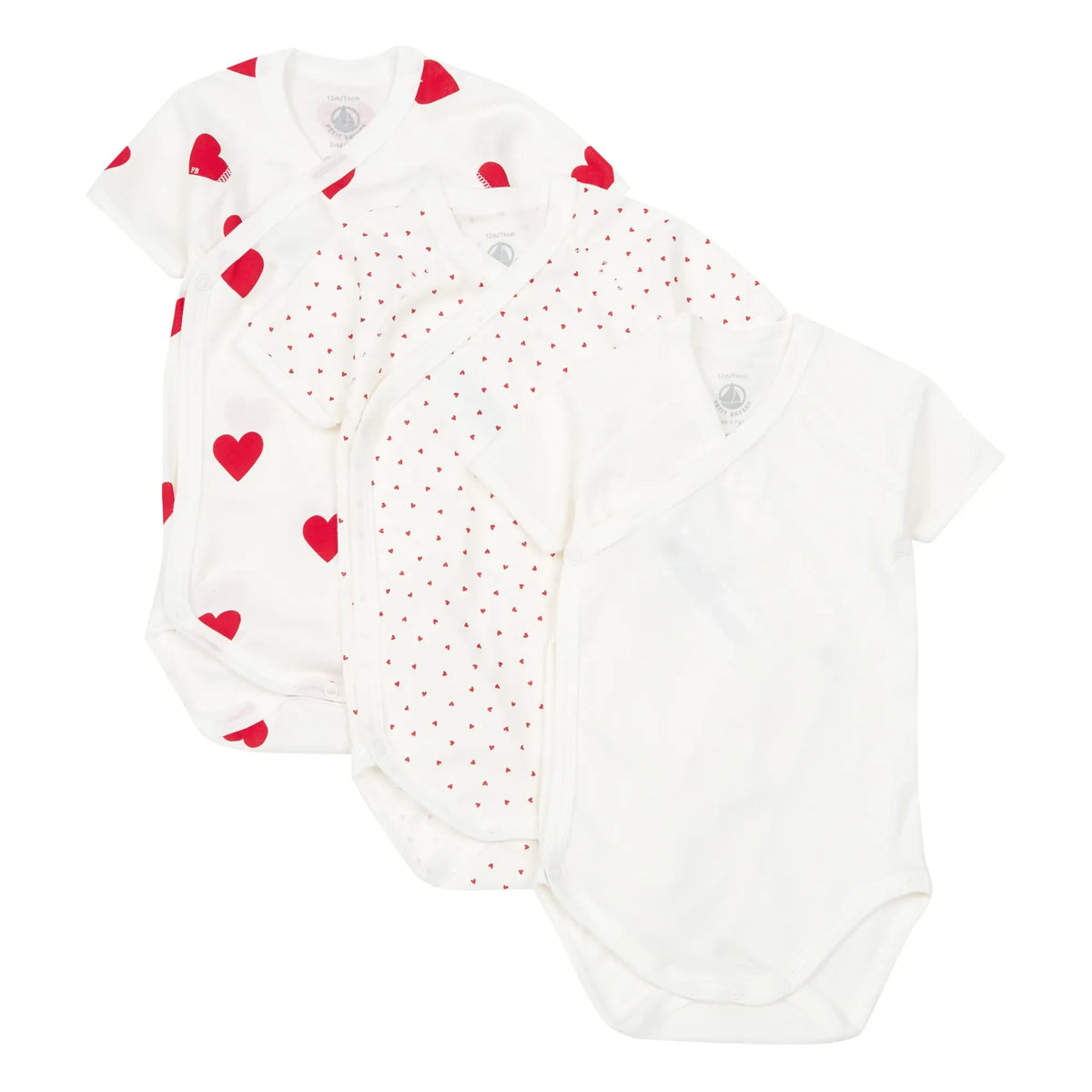 Petit Bateau - ऑर्गेनिक कॉटन हार्ट बेबी बॉडीसूट - 3 का सेट | लाल
