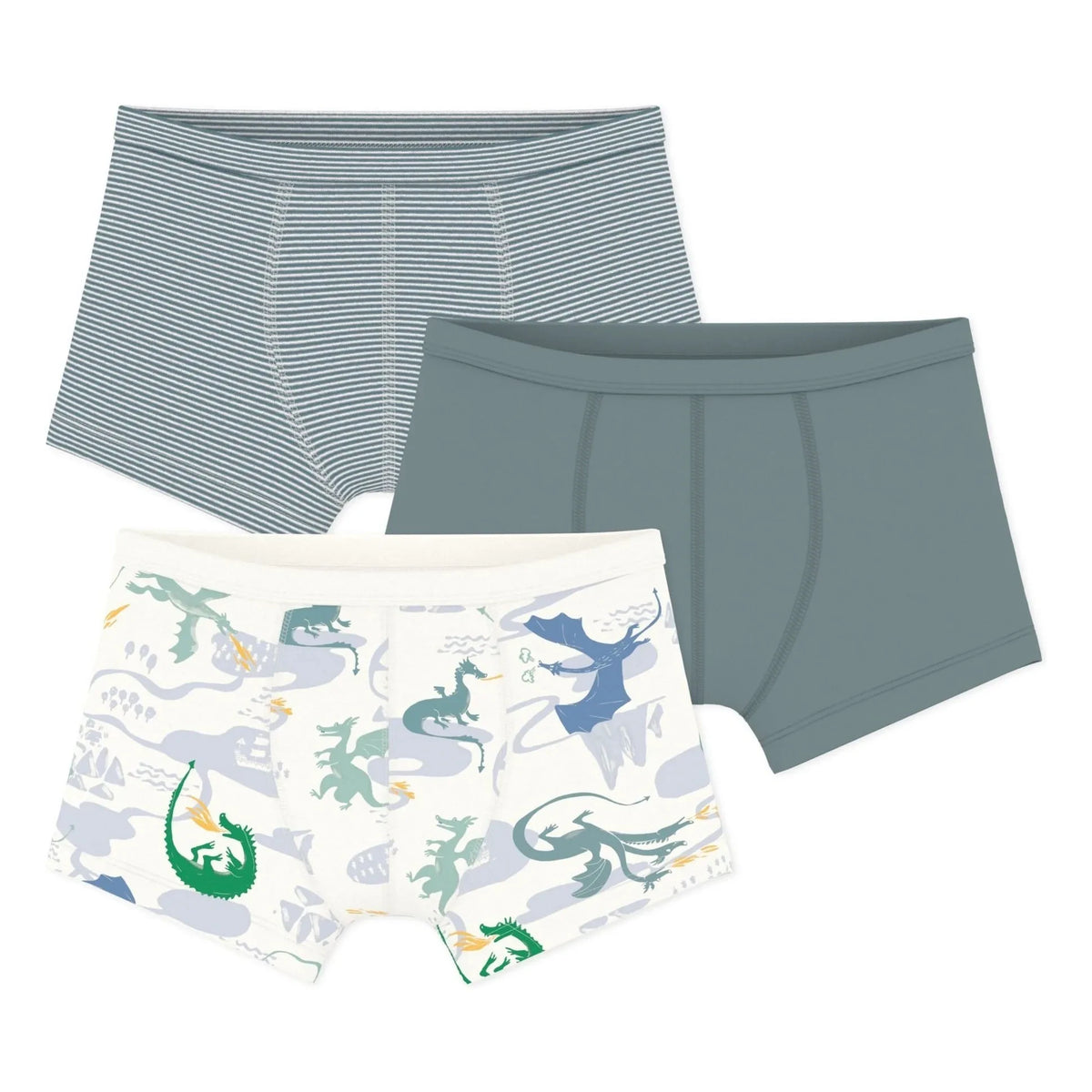 Petit Bateau - 3'lü Organik Pamuklu Ejderha Desenli Boxer Külot | Yeşil