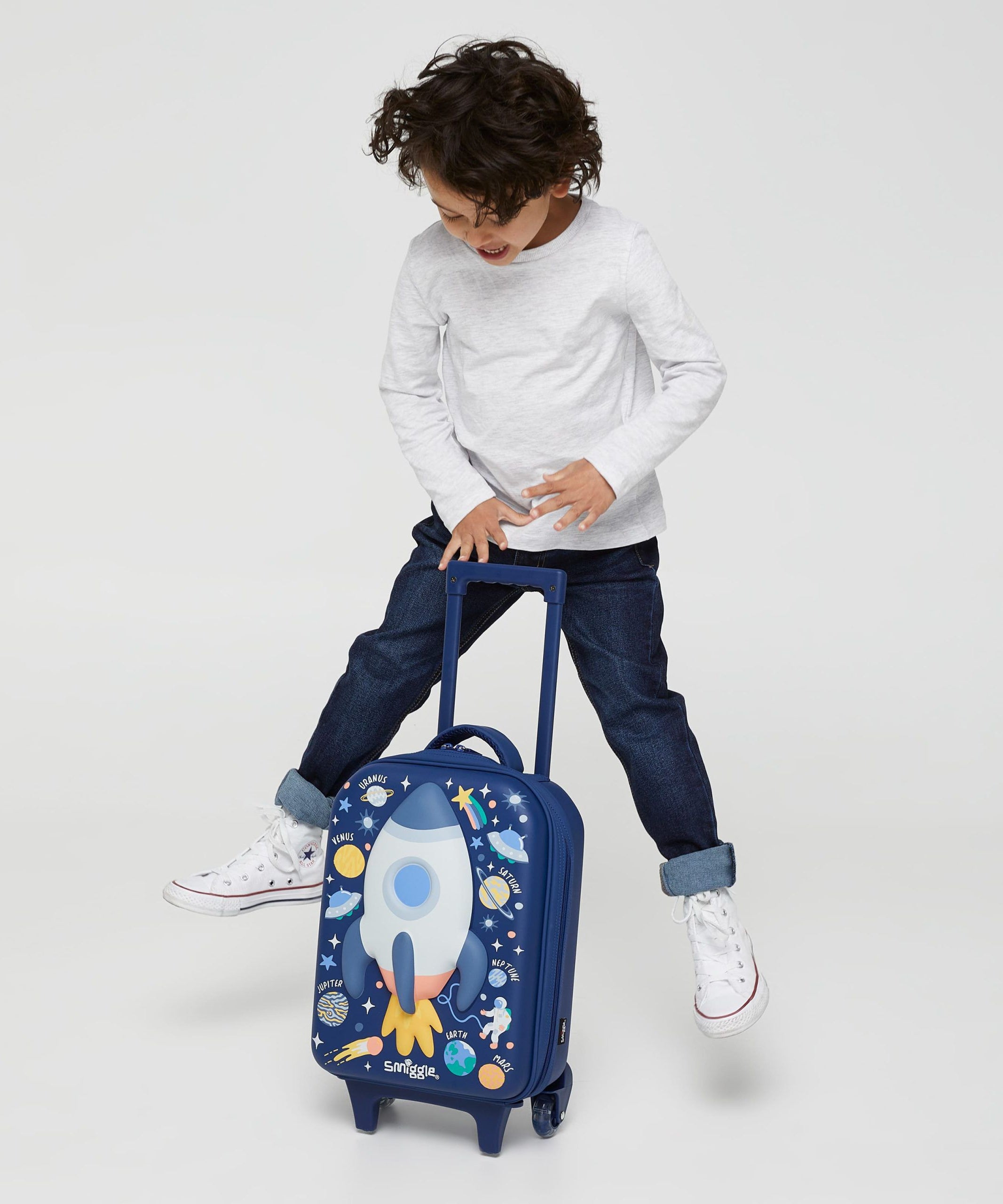 Smiggle - Sky Hi Junior Çekçekli Tekerlekleri Işıklı Çocuk Valizi-Dinossi