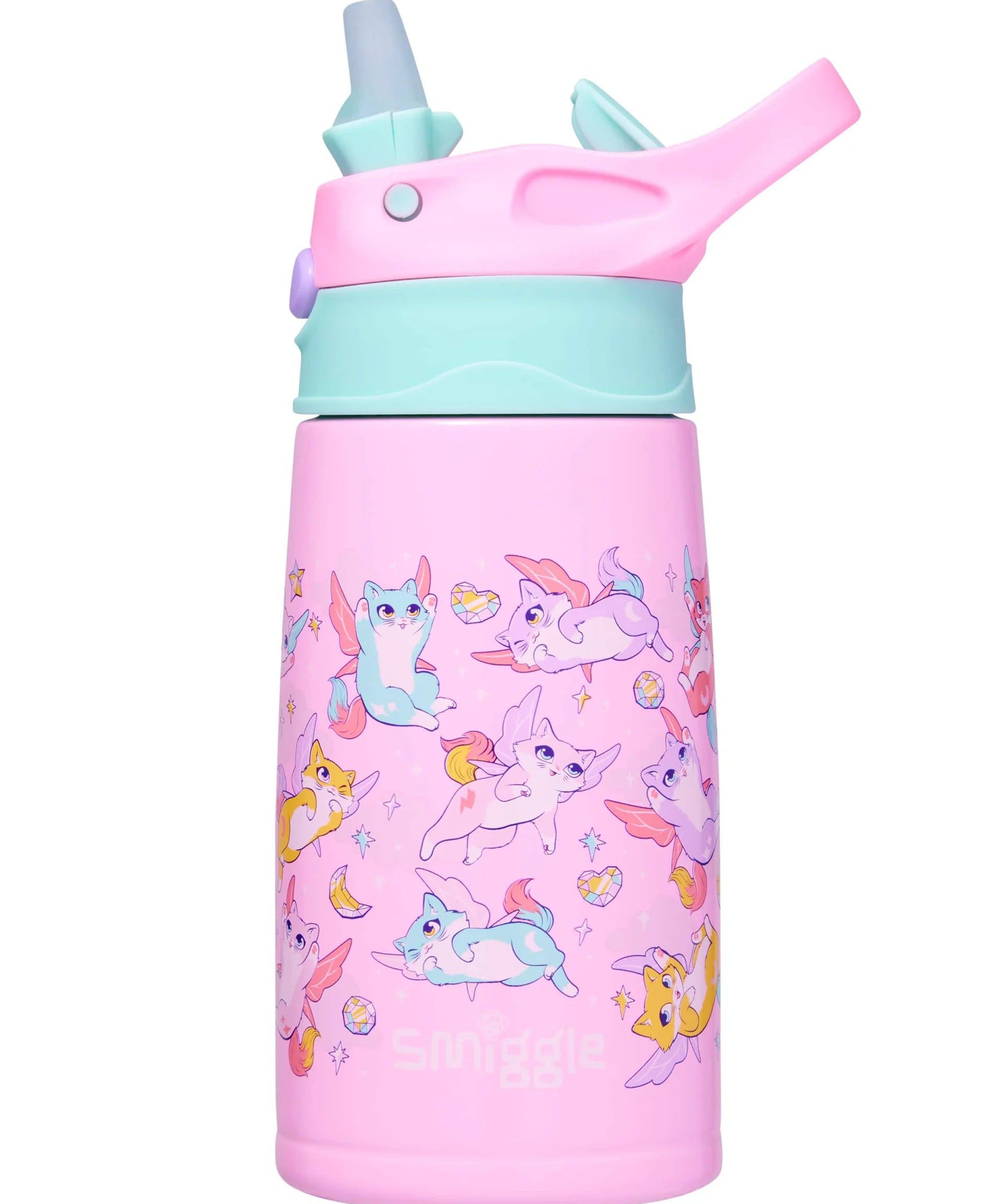 Smiggle - Happy Tales Çelik Otomatik Pipetli 400ML Matara-Dinossi