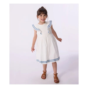 Petit Bateau - ऑर्गेनिक कॉटन पॉपलिन फ्रिल वाली ड्रेस | सफ़ेद