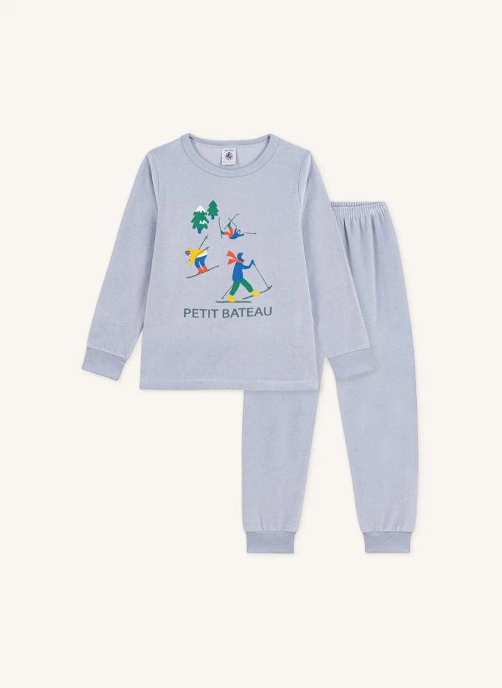 Petit Bateau - वेलवेट ऑर्गेनिक कॉटन स्काई पजामा | ग्रे नीला