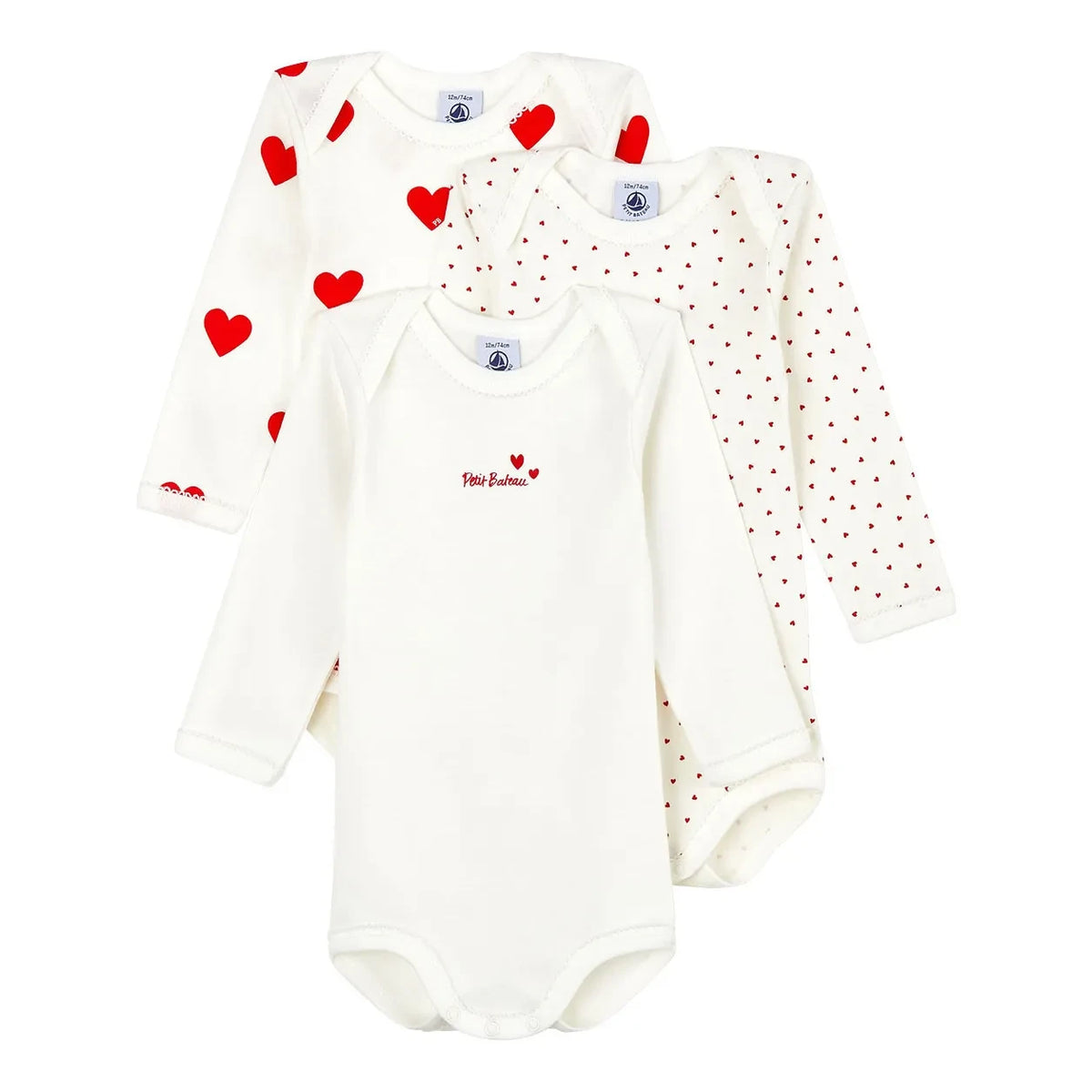 Petit Bateau - 3'lü Organik Pamuklu Kalp Desenli Tulum | Beyaz