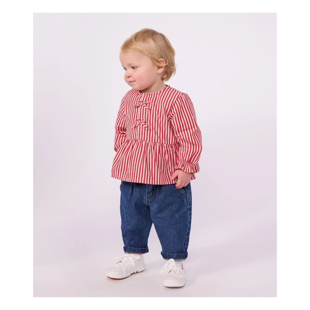 Petit Bateau - धारीदार ऑर्गेनिक कॉटन बेबी ब्लाउज़ | गुलाबी