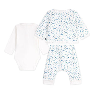 Petit Bateau - ऑर्गेनिक कॉटन फॉक्स बॉडी, कंबल और पैंट सेट | सफ़ेद
