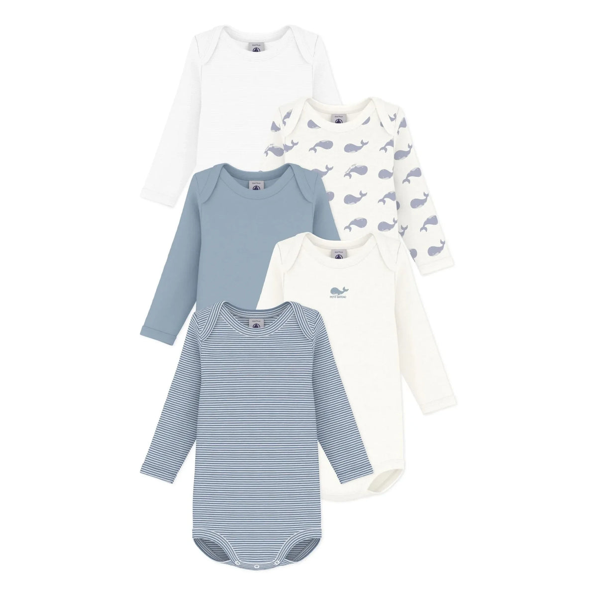 Petit Bateau - 5 ऑर्गेनिक कॉटन व्हेल बॉडीसूट सेट | नीला