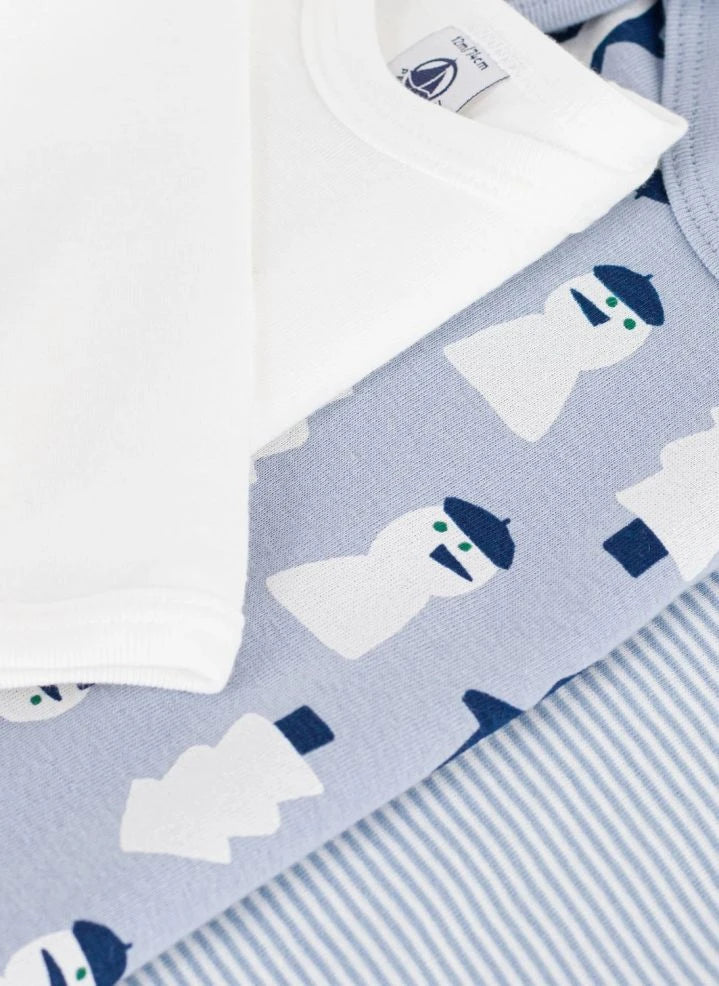 Petit Bateau - 3'lü Organik Pamuk Kardan Adam Zıbın Seti | Gri mavi